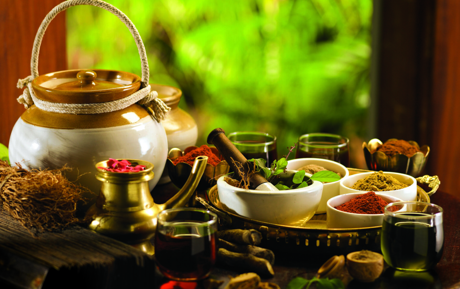 Traditional brass vessels with Ayurvedic herbs, spices and powders